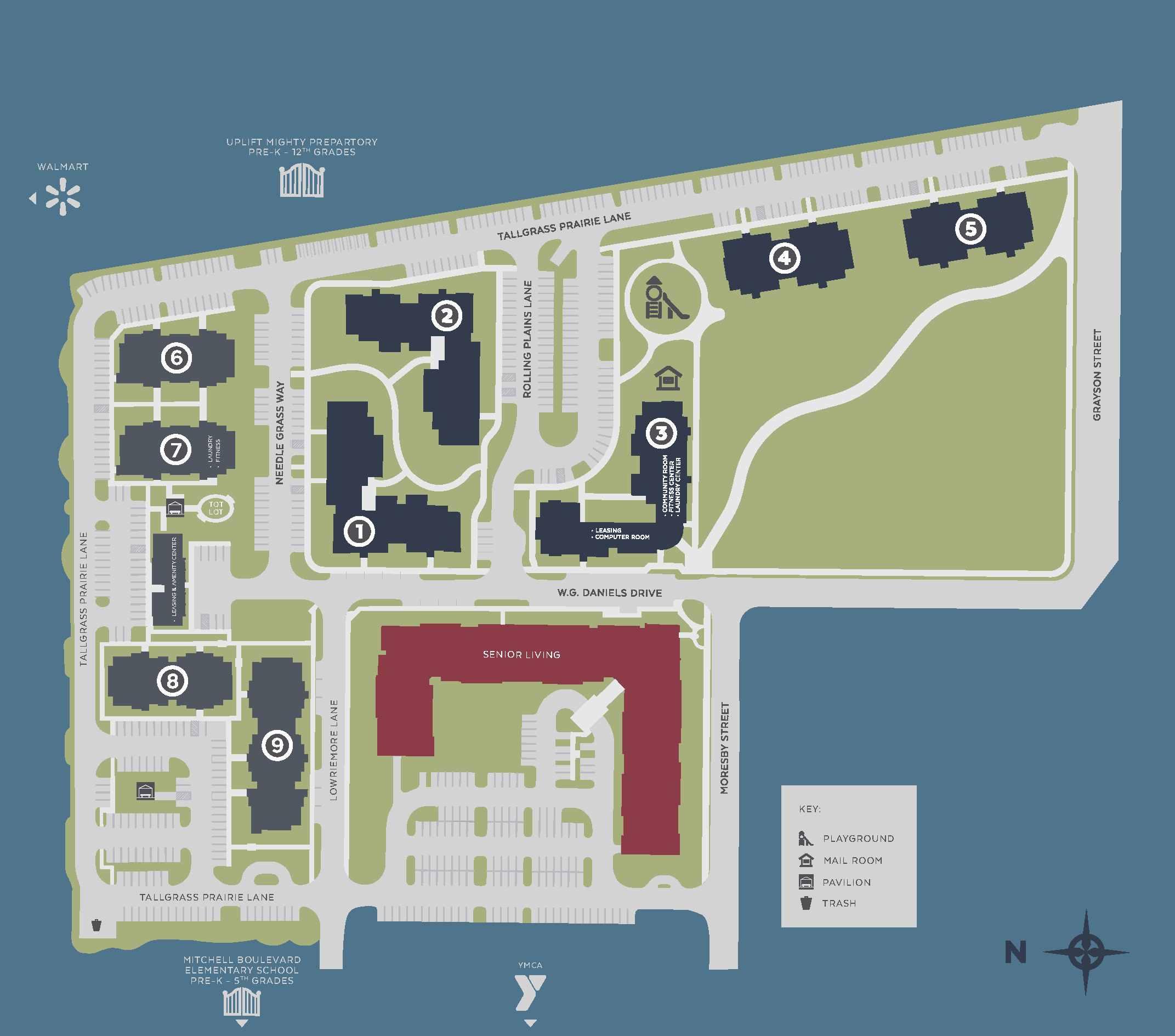 Map of a residential complex showing labeled buildings, roads, parking lots, green spaces, a playground, mail room, and trash area. North is indicated with a compass rose. This layout highlights apartment amenities near downtown Fort Worth, ensuring residents enjoy both convenience and comfort in their community.