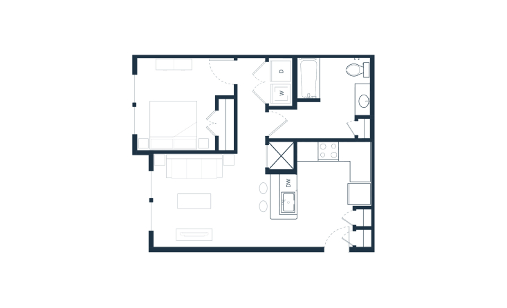 Floor plan of a 1-bedroom apartment at Columbia Renaissance Square, Fort Worth, TX