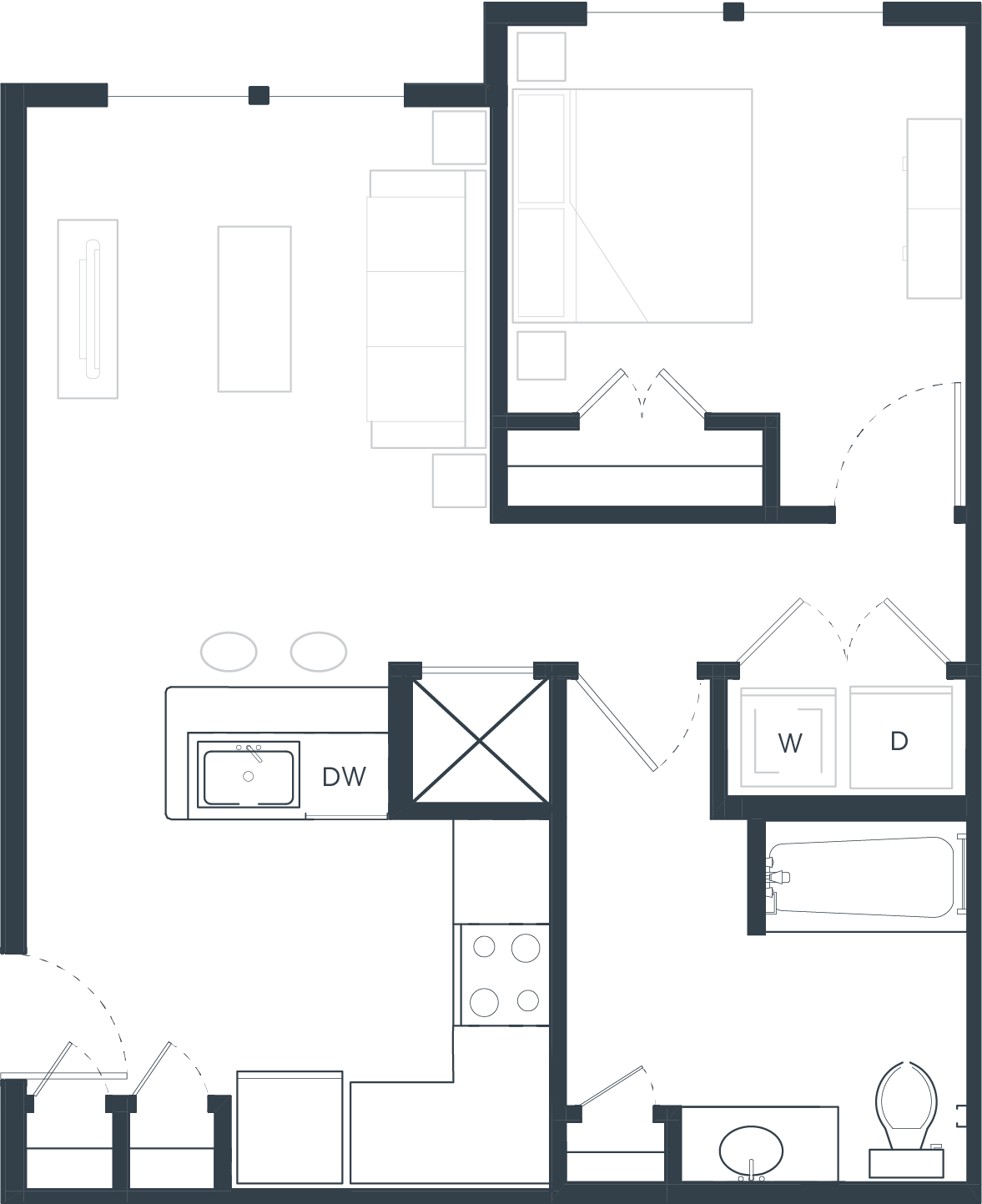 Black and white floor plan of a one-bedroom apartment with kitchen, living room, bathroom, washer and dryer, and bedroom.